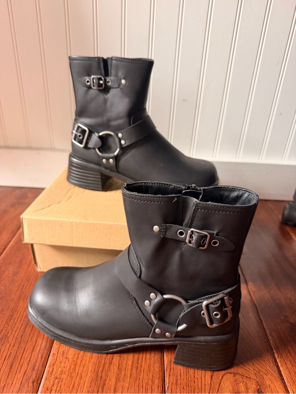 Steve Madden Black Harness Buckle Moto Ankle Boots